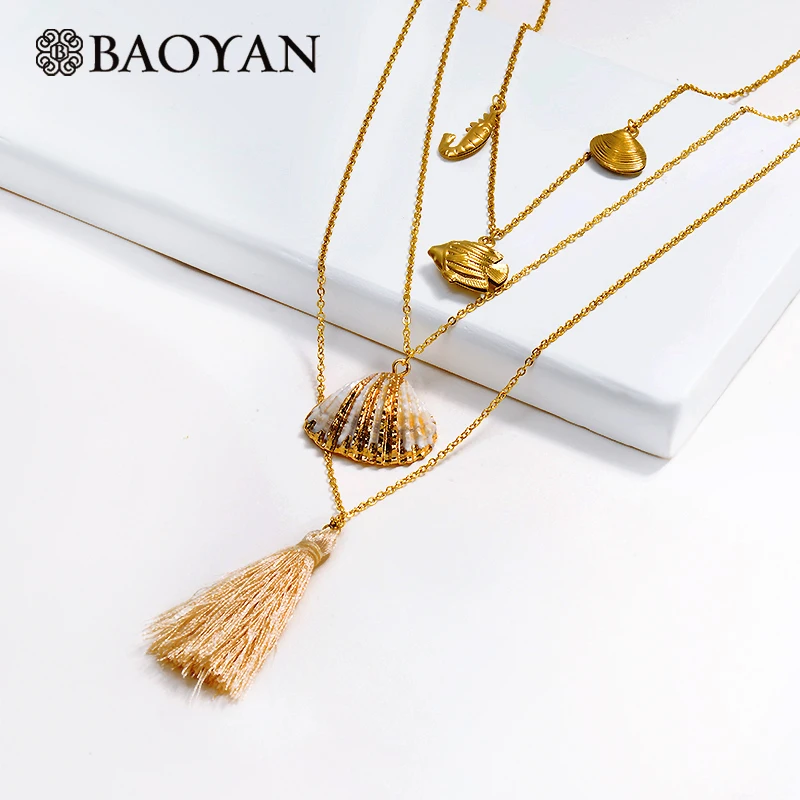 Baoyan Multi Layered Stainless Steel Necklace Boho Natural Sea Shell Pendant Necklace Handmade Light Pink Tassel Necklaces Women