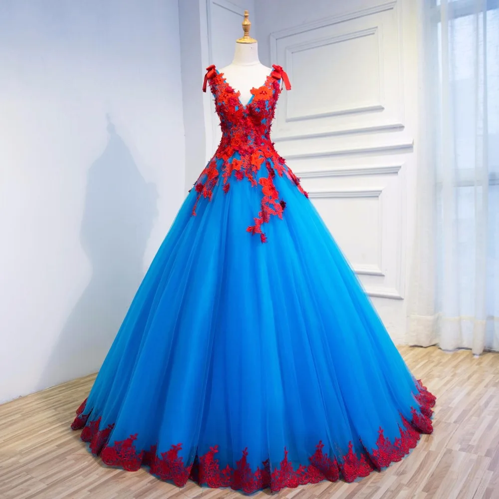 

V Neck A Line Long Prom Dress Blue And Red Lace Applique Plus Size Tulle Formal Evening Gown Custom Made Size And Color