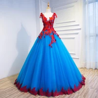 v neck a line long prom dress blue and red lace applique plus size tulle formal evening gown custom made size and color