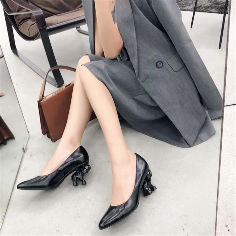 

Summer Women Single Shoes Elephant Heel Genuine Leather Shallow Sandalias Mujer Pointed Toe Strange Heels Novelty Tenis Feminino