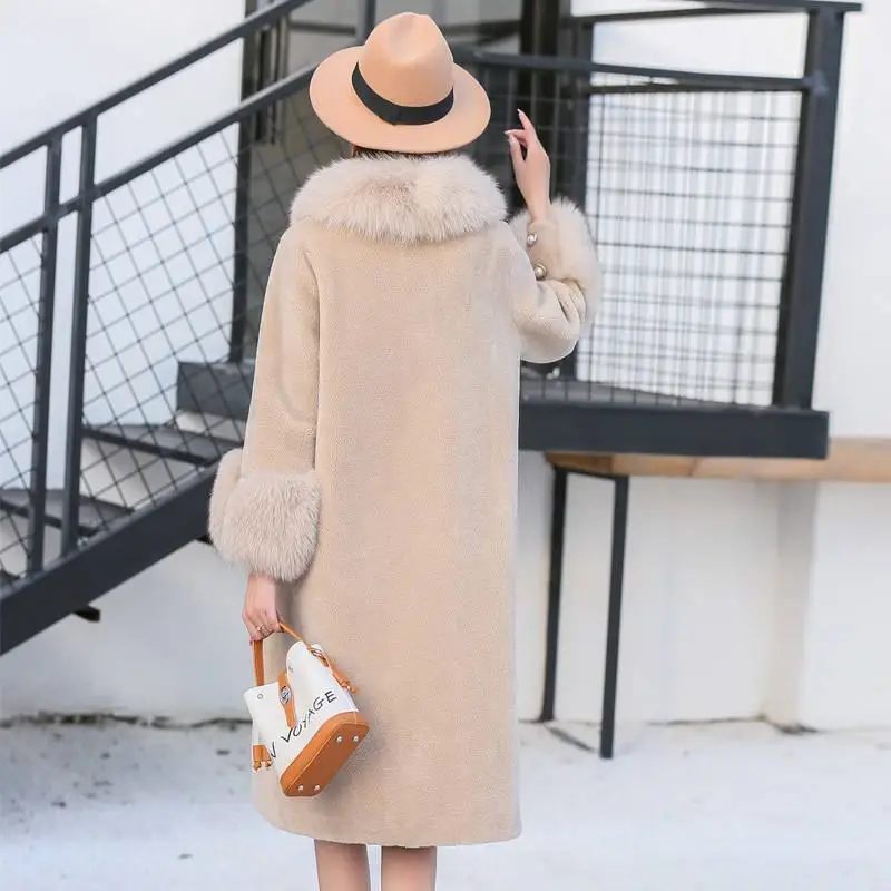 

2019 New Winter Women Fashion Casual Real Fox Fur Collar Slim Long Coats Ladies Natural Sheep Shearing Fur Thick Warm Jacket J86