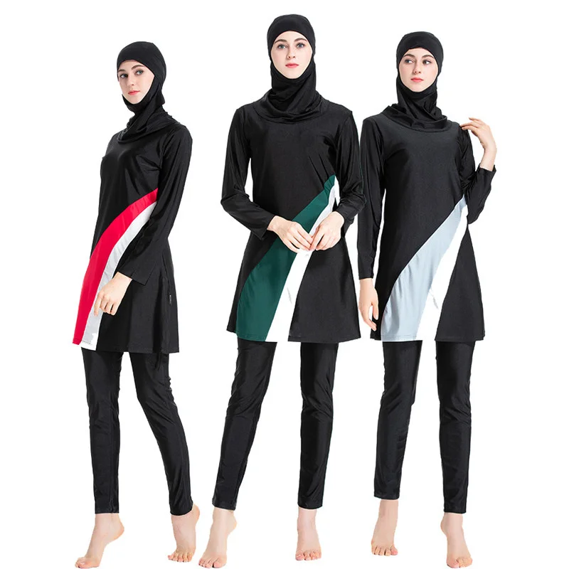 

Hijab Swimsuit New Burkini Long Sleeve Muslimah Bathing Suit Women Islamic Habit Femme Burkinis Patchwork Color Muslim S-6XL