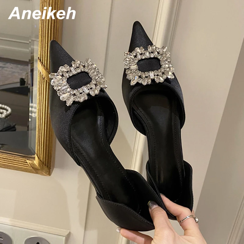 

Aneikeh Fashion Silk Pointed Toe Bling Crystal Sun flower Decoration low-heel Slip-On Elegant Women Pumps Party Shoe Spring New