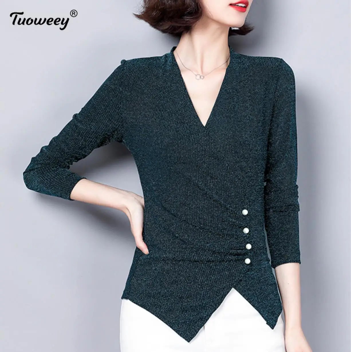 

Женские рубашки и блузки 2022 Сексуальная женственная блузка Топ с длинным рукавом Повседневная пуговица v-образный вырез OL Стиль Женская тун...