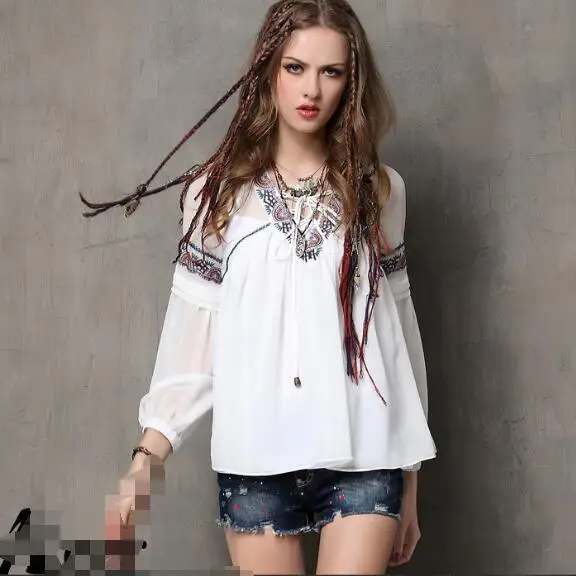 Винтажные 70s богемные этнические Длинные рукава с v образным вырезом белые