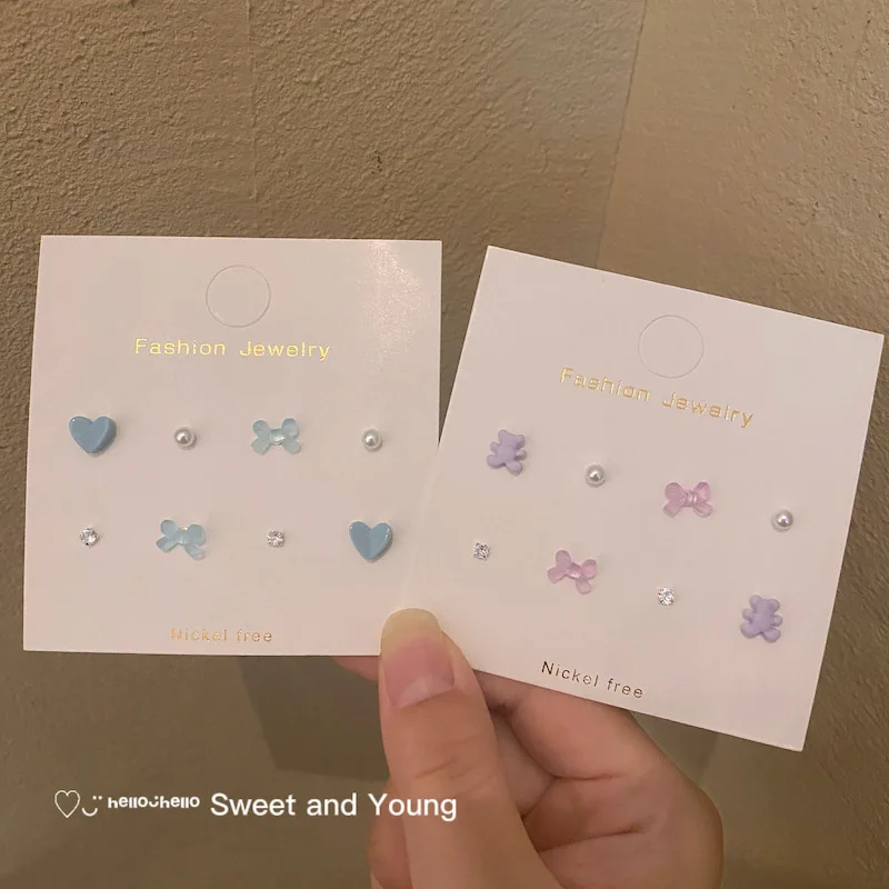

Color Girl Heart Bow Earrings Set Combination S925 Cute INS Small Fresh And Simple Fashion Pearl Earrings Female Tide