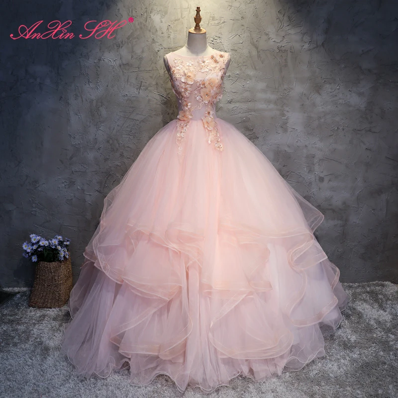 

AnXin SH принцесса розовое кружево большой цветок роскошный винтажный свадебный Бисероплетение Кристалл Круглый вырез оборки бальное платье женское вечернее платье