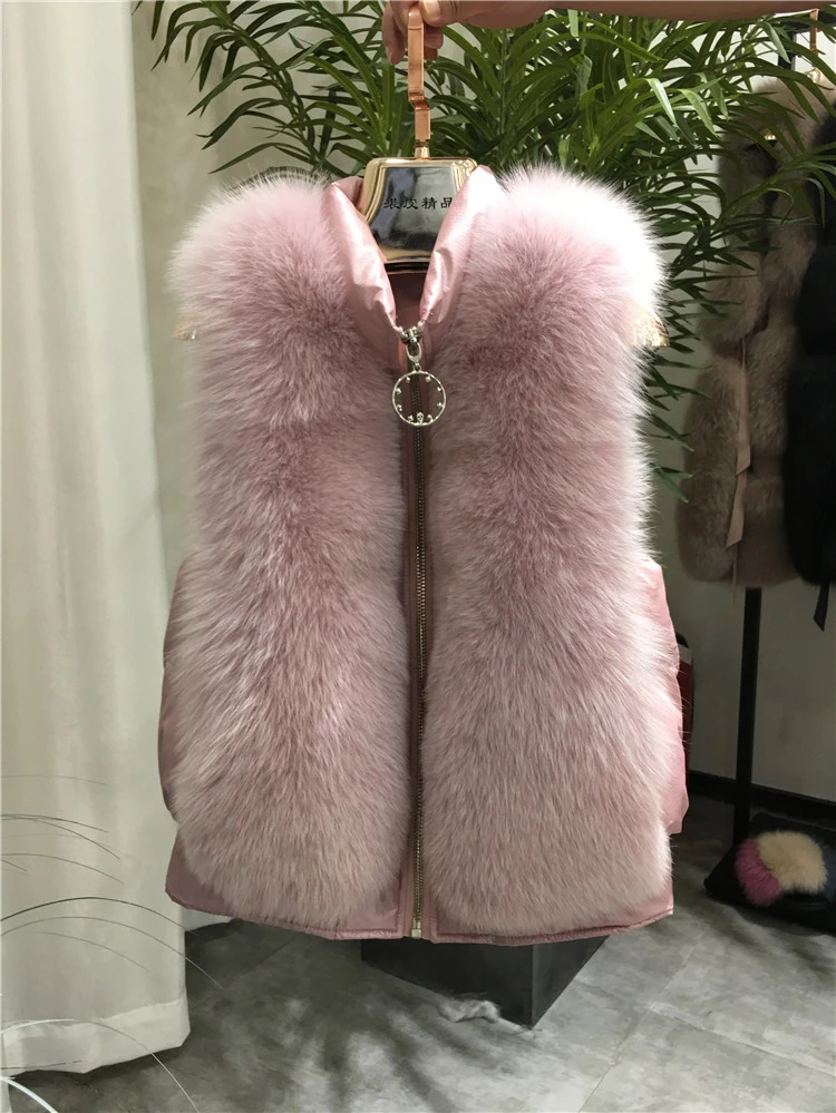 ZDFURS* натуральный Лисий мех жилет Стильный Зимний короткий толстый женский меховой жилет куртка пуховик натуральный мех жилет пальто тонкий однотонный - Цвет: pink
