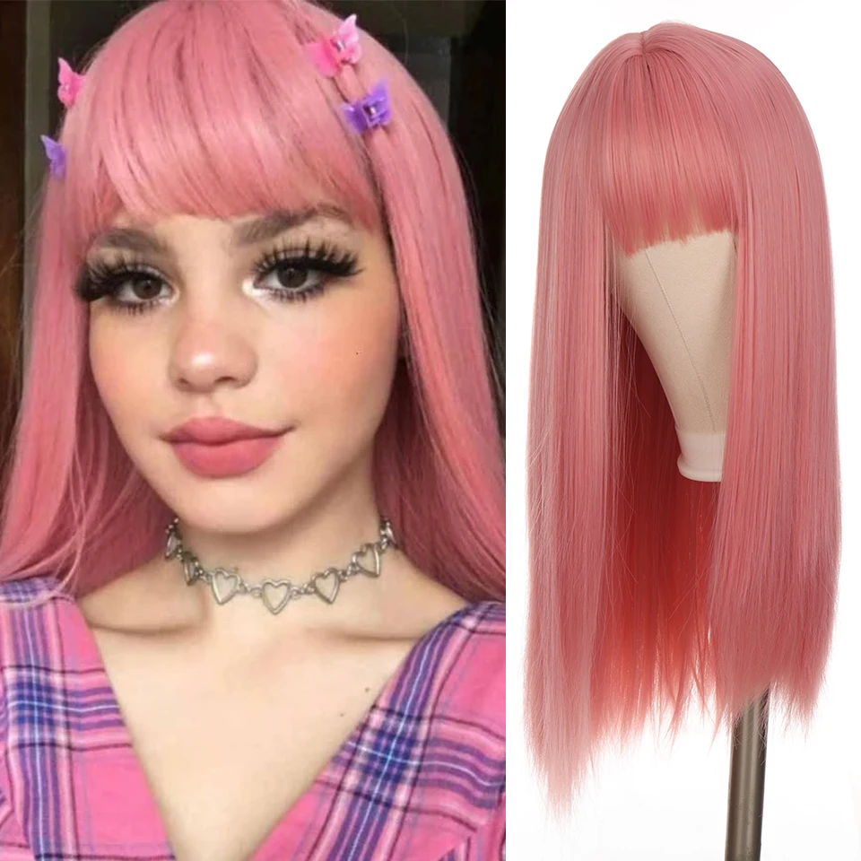 

LUPU Synthetic Long Straight Ombre Pink Black Blonde Wig With Bangs Lolita Cosplay Hair Wigs For Women Anime Heat Resistant Wigs