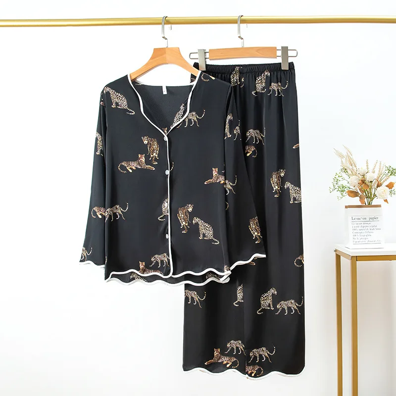 

New 2 Pieces Women Pajamas Sets Ice Silk Satin Print Long-sleeved Blouse Pants Sleepwear Sexy Casual Outside Nightwear Homewear