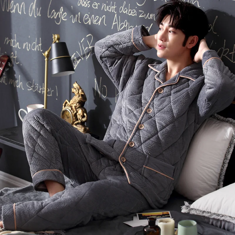 Pajamas with Cotton Men's Winter Thickened Beibei Plush, Three-layer Plush, Cotton Padded Jacket, Flannel Household Suit