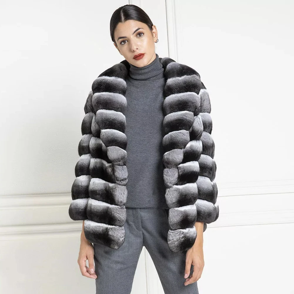 Fashion Women Natural Rex Rabbit Fur Coat With Lapel Collar Winter New Chinchilla Color Real Rex Rabbit Fur Jacket Thick Outwear
