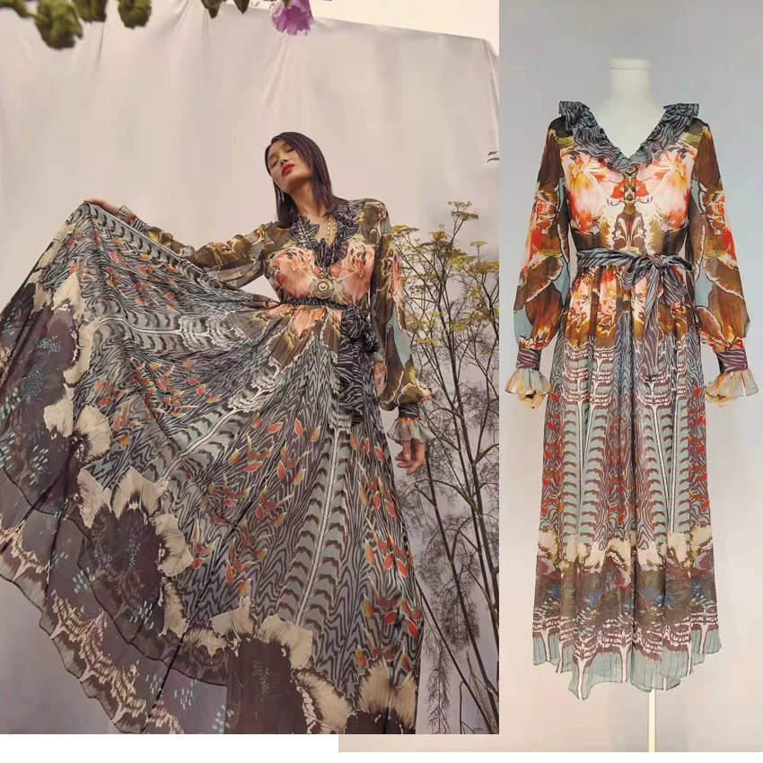

High Quality V-neck Long Sleeve Women Print Ruffled Maxi Dress Beach Style Boho Long Dress