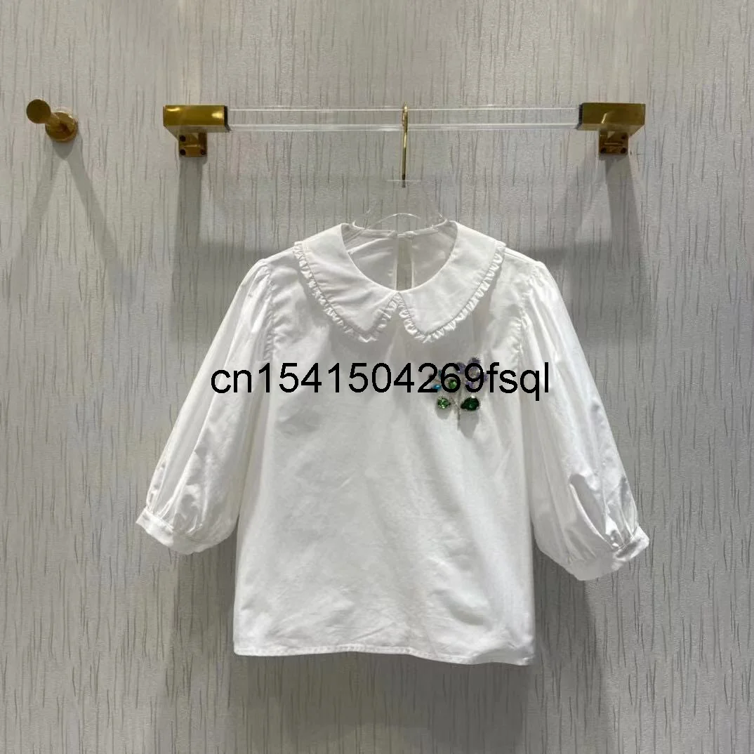 

Женская винтажная блузка с воротником «Питер Пэн», подиумная Повседневная белая рубашка с полурукавами и воротником со стразами, Новинка о...