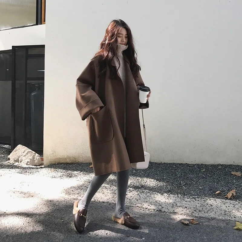 

Женское шерстяное пальто, свободное однотонное пальто средней длины для осени и зимы, свободное, с лацканами, с большими карманами, пальто-К...