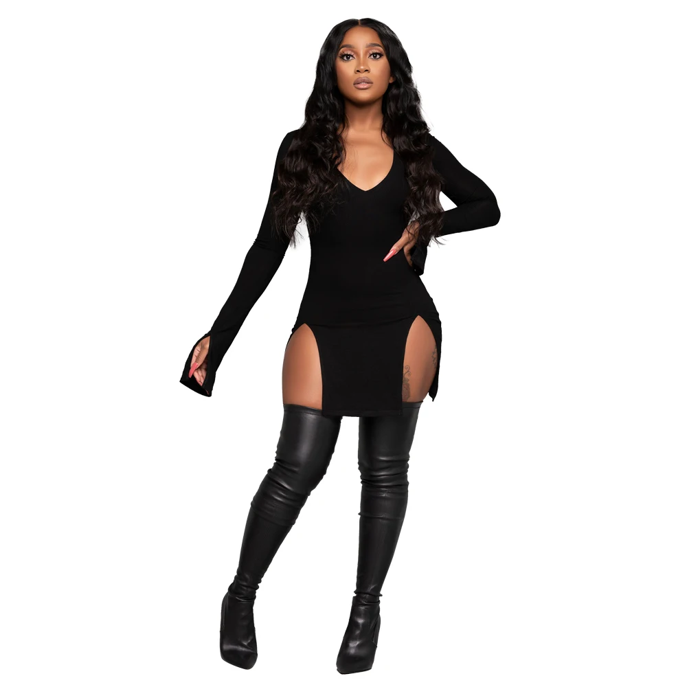 

New Women'S Autumn And Winter Solid Color High Waist V-Neck Double Fork Sexy Nightclub Style Long Sleeve Dress Female