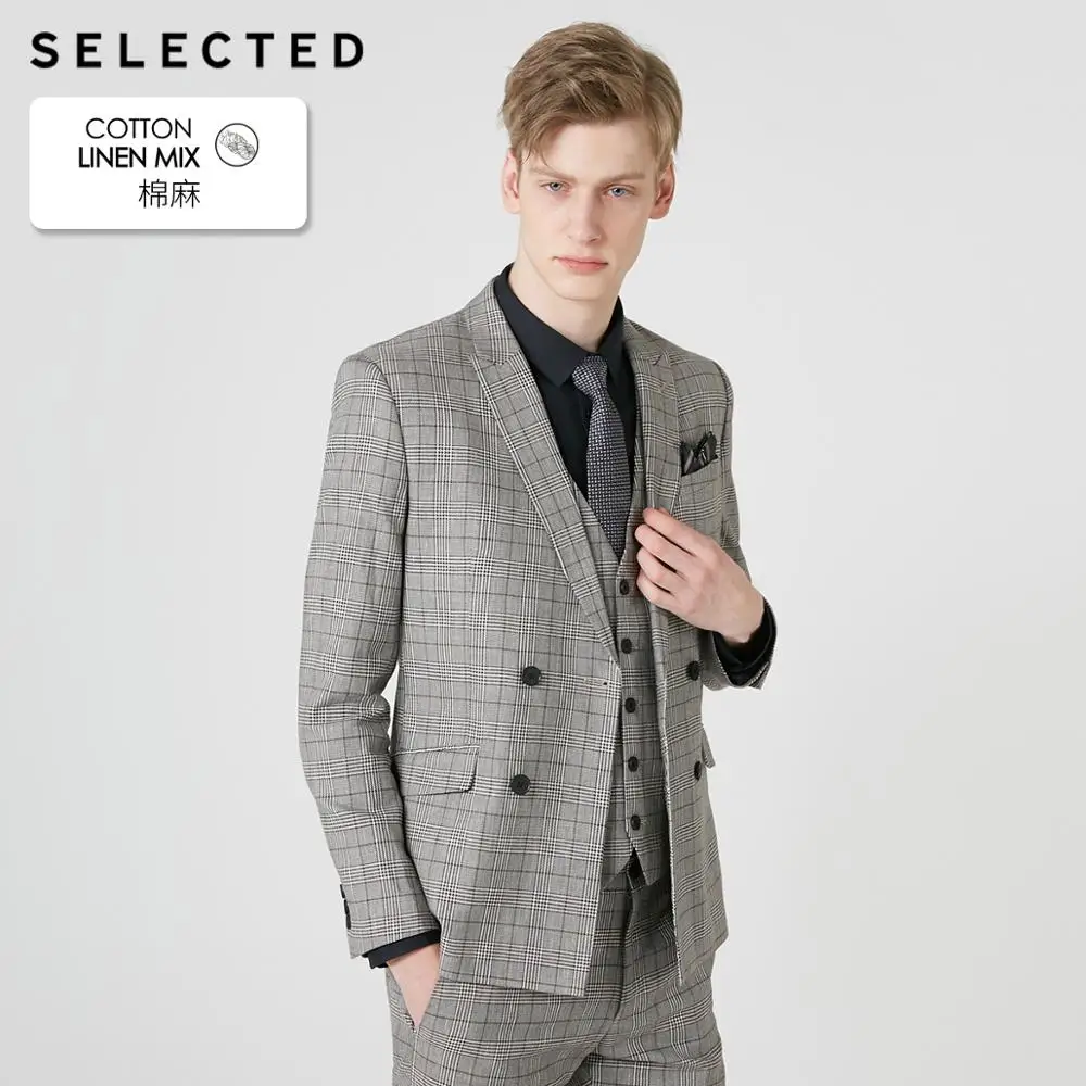 Мужская двубортная клетчатая куртка блейзер из смесового хлопка S | 419272513|Костюмы|