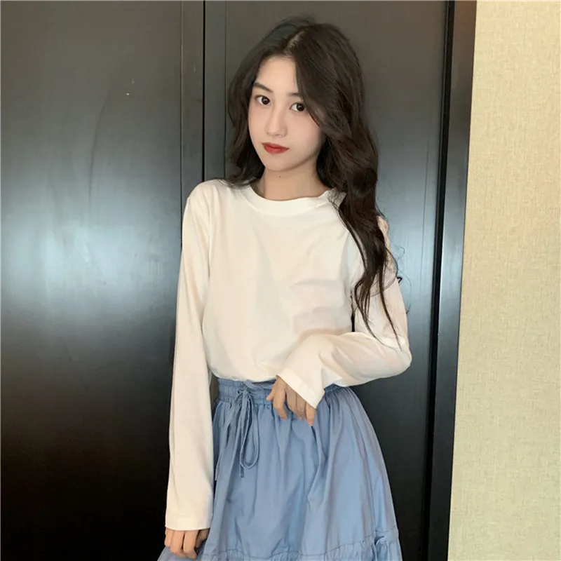 

2021 New Fashion Female Student Solid Color Long-sleeved T-shirt Korean Version Top With In-line Early Autumn Top Solid Color