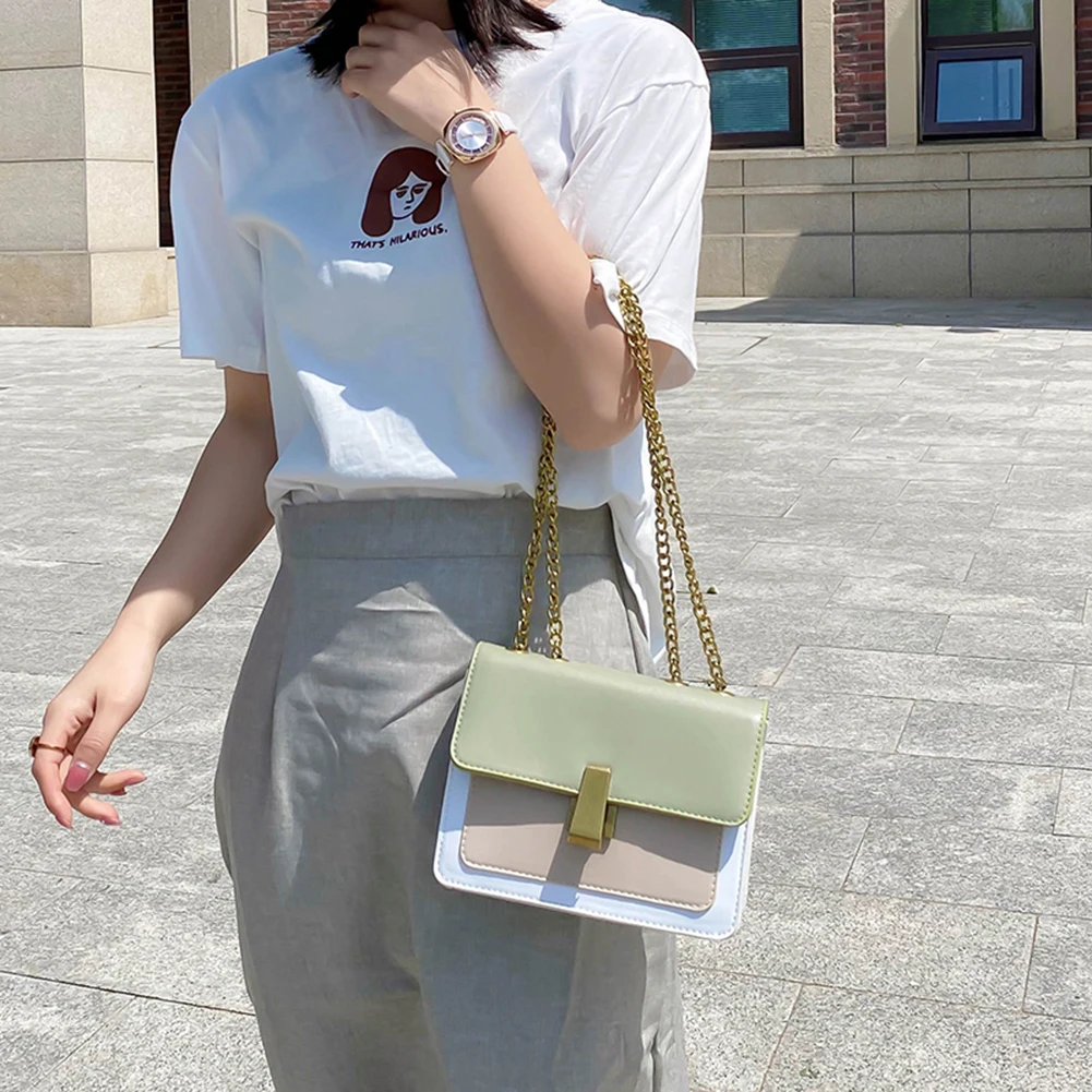 

Women Chain Crossbody Bag Simple Female Leather Hit Color Daily Shoulder Pouch Youth Ladies Simple Versatile Bag
