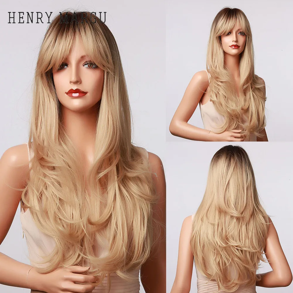 

HENRY MARGU Synthetic Hair Wigs for Black Women Cosplay Long Wavy Dark Root Black Blonde Ombre Wig Heat Resistant Wig with Bangs