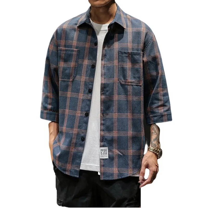 Sports Casual Three-quarter Sleeve Shirt Summer Men Plaid Shirt  Design Social Casual Men Dress Shirts