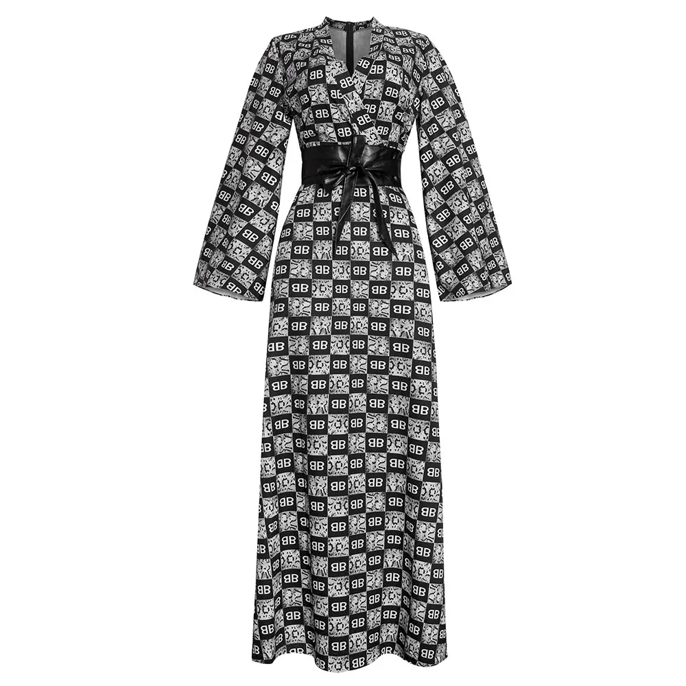 2021 Muslim new plus size 3XL chiffon V-neck printed letters waist slim slimming dress Islamic clothing