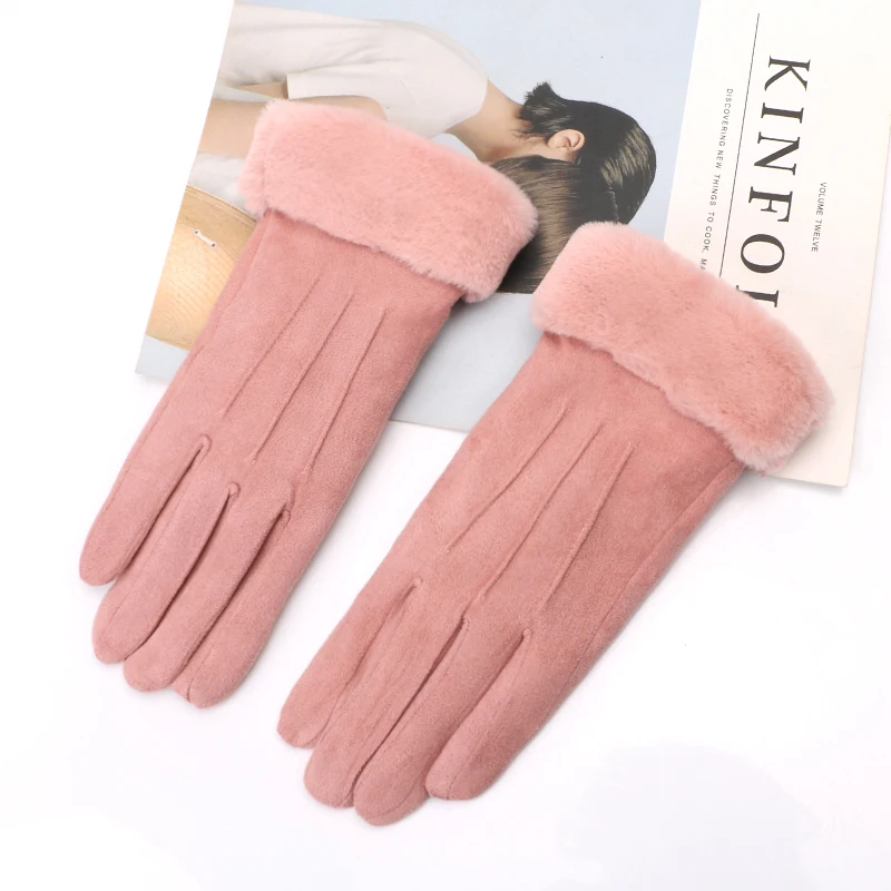 pink Зимние флисовые Теплые Перчатки женские тачскрин толстые замшевые меховые кожаные плюшевые перчатки рукавицы модные повседневные перчатки для вождения - Цвет: pink
