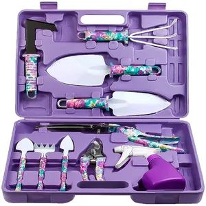 Garden Tool Set 10Pcs Garden Tool Hand Trowel with Purple Flower Print Ergonomic Handle Trowel Rake Weeder Pruner Shears Sprayer 10 item image