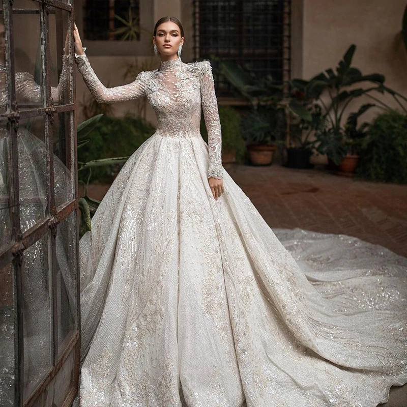 

Luxury Wedding Dress Beading Lace With Princess Ball Gown High-neck Full Sleeve Bride Dresses Pearls 3d Flower Vestido De Novia