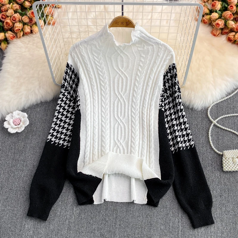 

Fashionable Houndstooth Stitching Loose High Collar Cable-Knit Pullover Sweater Women's Autumn and Winter Knitwear Top Sweater