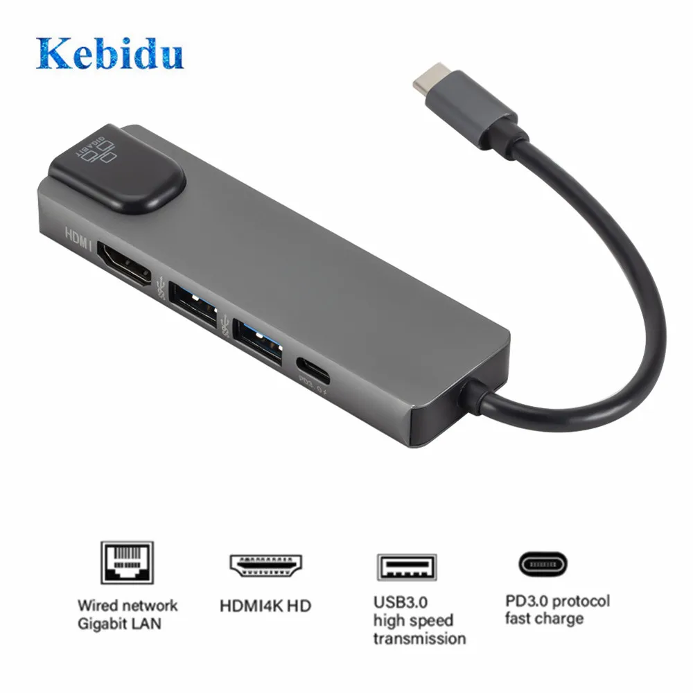 KEBIDU 5 в 1 концентратор USB Type C 4K Gigabit Ethernet Rj45 Lan адаптер для Mac book Pro Thunderbolt 3 зарядное