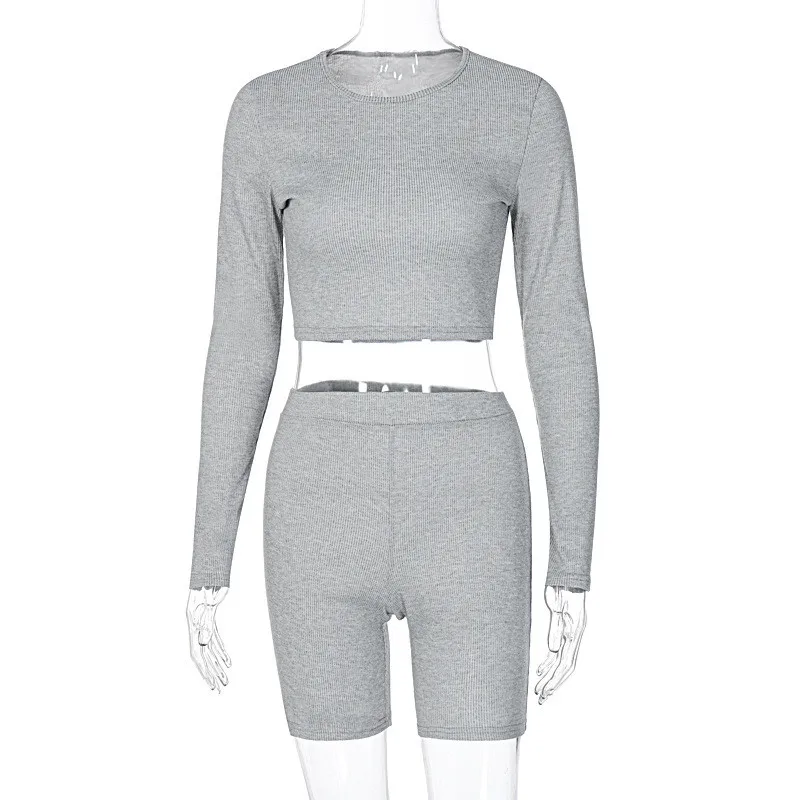 

CNYISHE Long Sleeve Bodycon Sexy Crop Top Biker Shorts 2 Pieces Set Winter Home Women Lounge Sets Fashion Streetwear Tracksuit