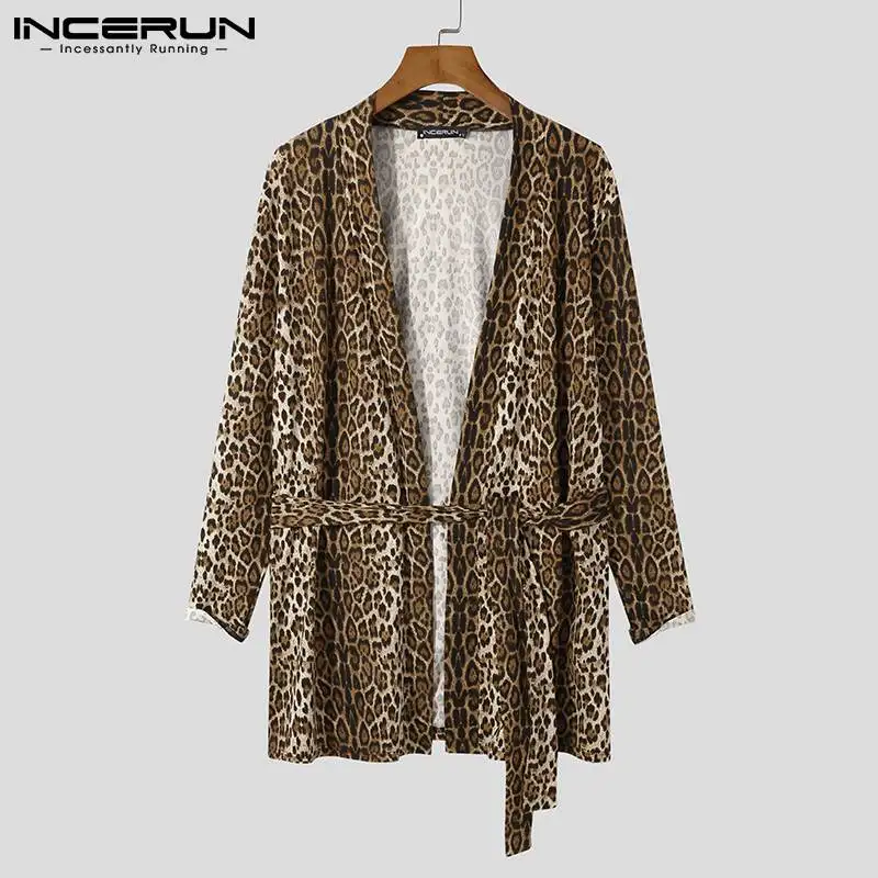INCERUN Tops 2023 Comfortable Homewear Men's Robes Loose Comfortable Leopard Printing All-match Long Sleeve Cardigan Robes S-5XL