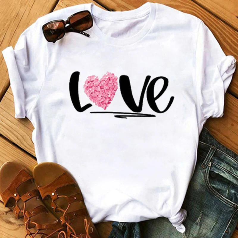 

Футболка женская с круглым вырезом, Повседневная рубашка с надписью, в Корейском стиле, топ с принтом сердец, в стиле Харадзюку, на лето