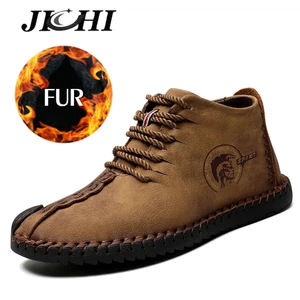 Мужские кожаные ботинки, теплые ботильоны высокого качества, водонепроницаемые удобные ботинки на шнуровке, большие размеры, зима 2019