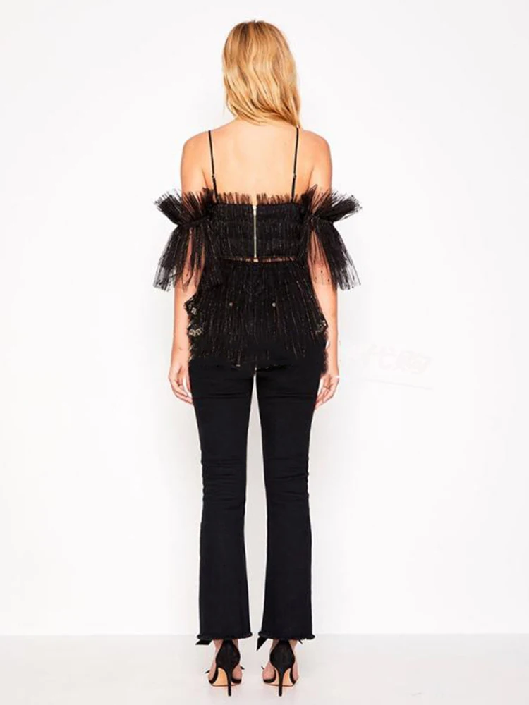 Женская ажурная блузка на бретельках летняя сетчатая с асимметричной вышивкой и