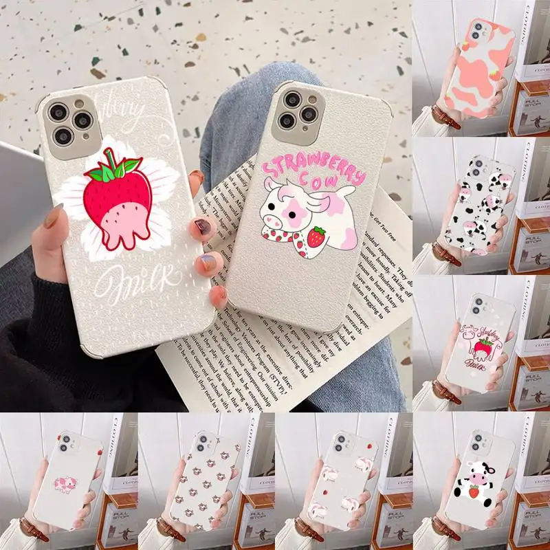 

Cow Print Strawberry pink Phone Case Lambskin Leather For iphone 12 11 8 7 6 XR X XS PLUS MINI PLUS PRO MAX Shockproof
