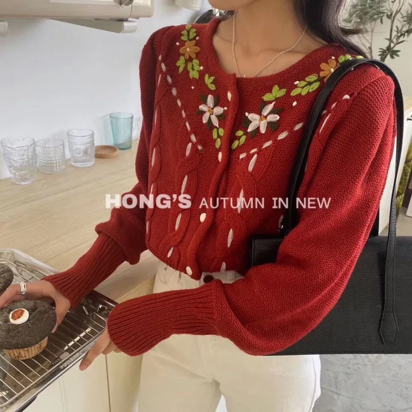 

Sweet Gentle Cardigans Women Hook Floral Lantern-Sleeved Girl Knitted Korea Cute Chic Simple Fresh Female Cardigans Sweaters