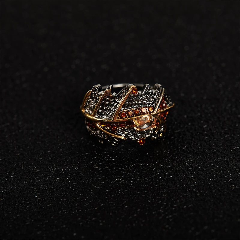 

Retro Oval Crystal Wedding Rings for Women Elegant Lady Black Gold Leaves Ring Female Jewelry Accessories