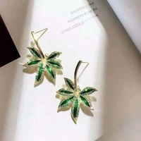 2021 fresh women shiny gold plated maple leaves earrings for women fashion elegant green earrings party jewelry accessories