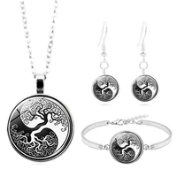 black white yin yang tree of life glass necklace stud earrings bracelet bangle set totally 4pcs womens fashion creative jewelry