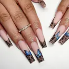 24 шт.коркор. Длинные накладные ногти леопардовой расцветки с изображением бабочки носимые искусственные гвозди в гробе с клеевым прессом для ногтей