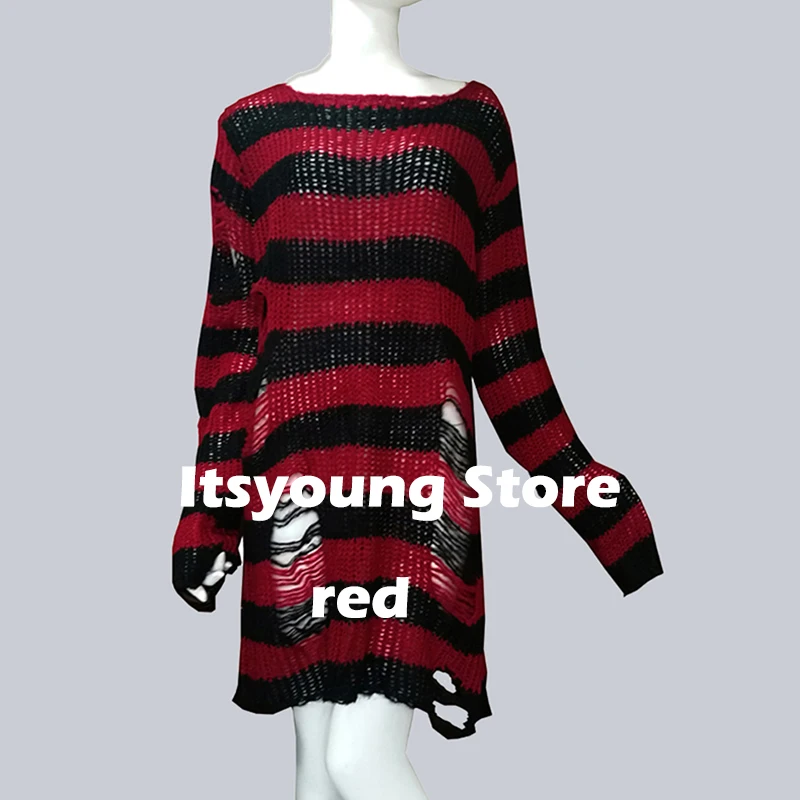 Женский полосатый длинный свитер готический модный хипстерский с разрезом и