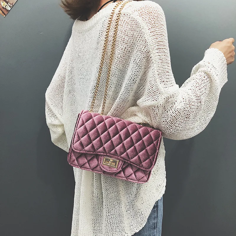 

Winter Women Handbag Fashion Diamond Lattice Golden velvet Chains Crossbody Bags Female Shoulder Bag Wallet Ladies Massage Bag