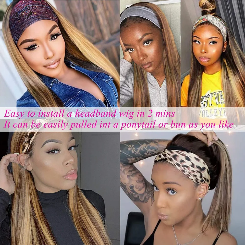 

Ombre Highlight Colored Full Machine Made Wig Peruvian Remy Gluesless Straight Brown Headband Human Hair Wig 150 Density