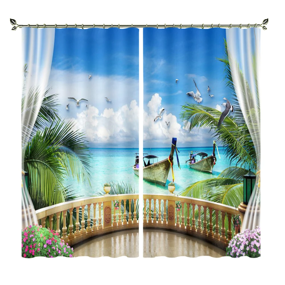 

Sea View Villa Wooden Boat Vacation Travel High-precision Blackout Curtains Dersonalized 3D Digital Printing Purtains DIY Photos