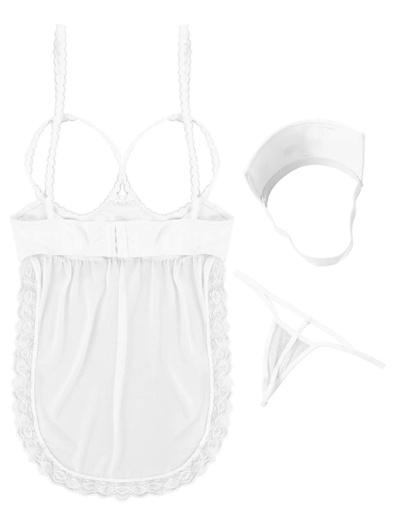

Womens Ladies Mesh Patchwork Nurse Exotic Costumes Lingerie Set Fancy Nightwear Lace Trimming Babydoll with Headband T-Back