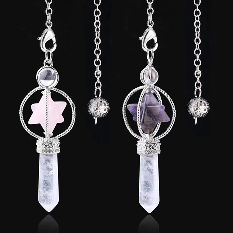 

Merkaba Dowsing Pendulum Quartz Natural Stone Crystal Pink Reiki Healing Pendule Pendant Necklaces Pendulums For Radiesthesia