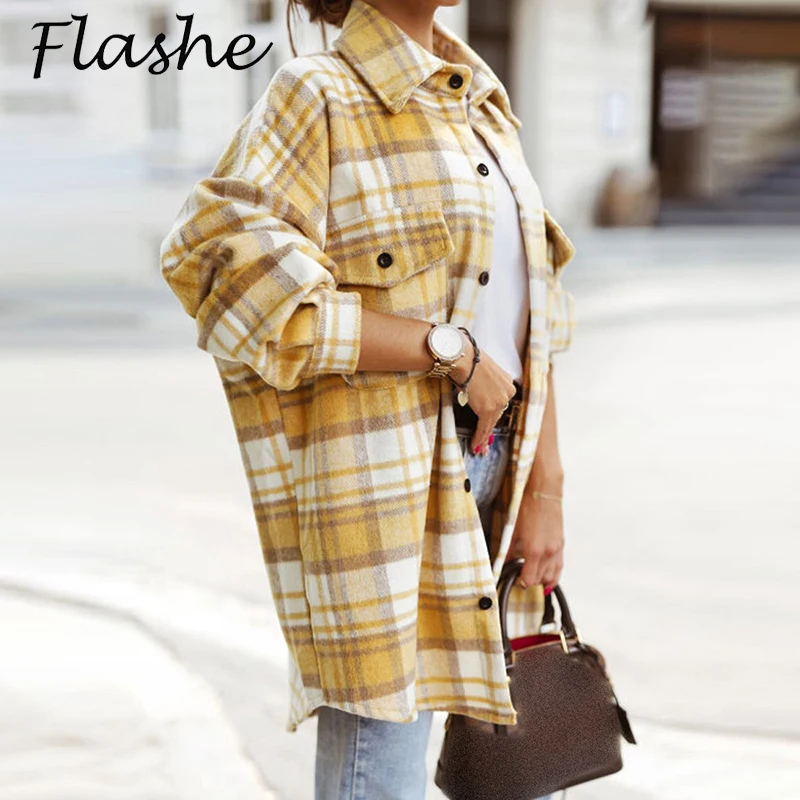 

2021 Autumn Oversize Women's Shirt Plaid Jacket Long Sleeve Female Coat Buttons Spring Loose Fashion Jacket Women Tops