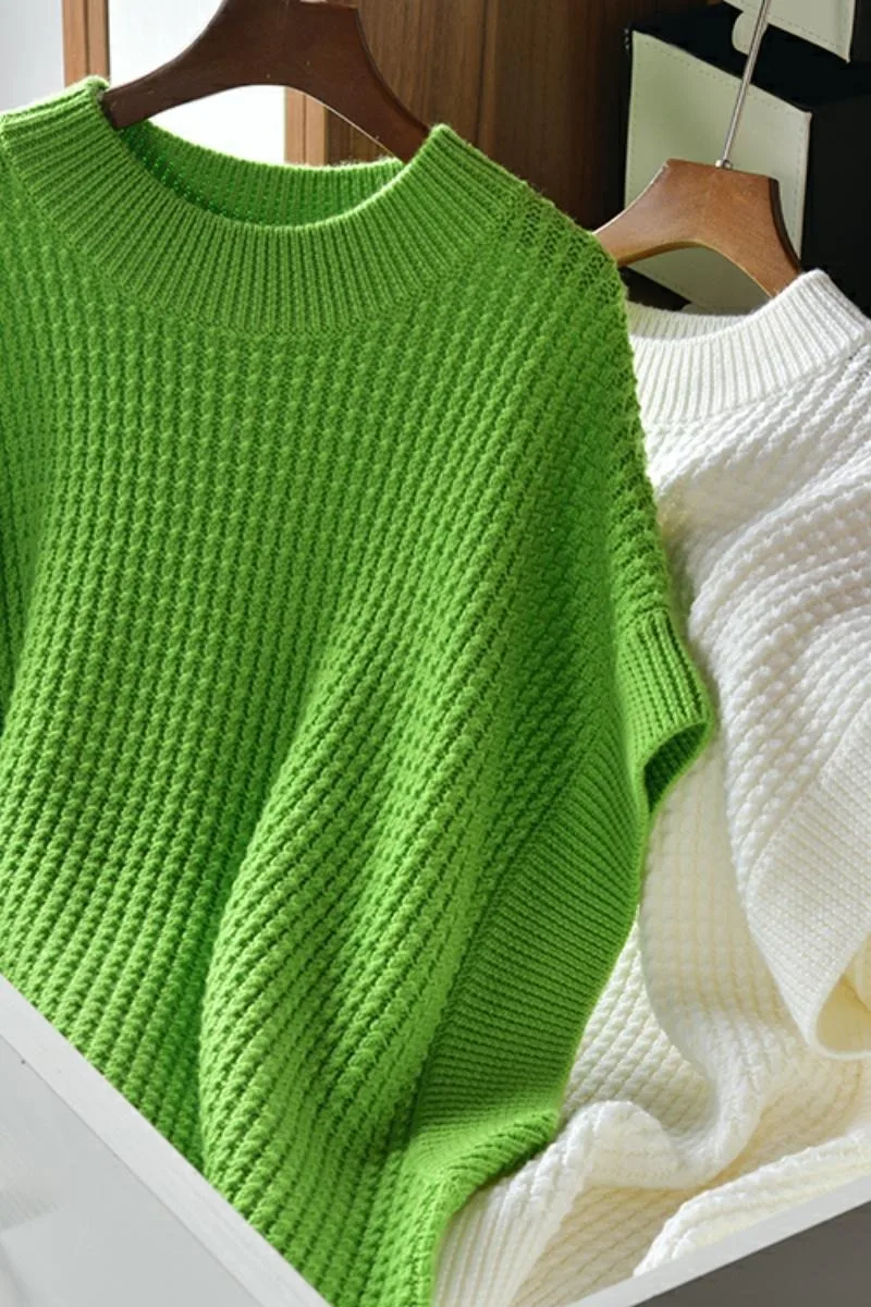 

Women's Vest Sweater Loose Sleeveless Waistcoat Fashion Outer Wear Knitted Ladies Round Neck All-match Solid Color Threaded Vest